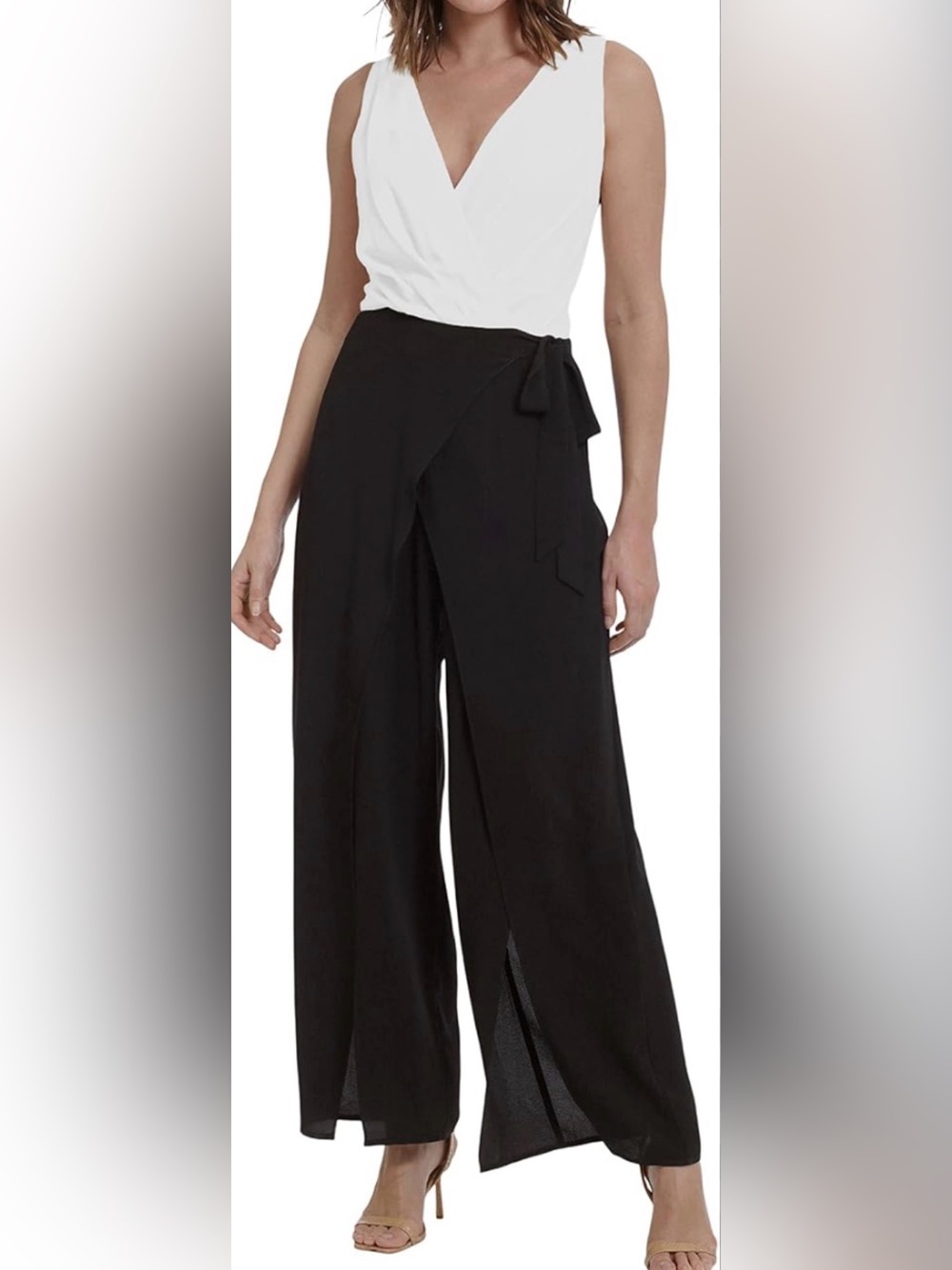 London Times Black & White Faux Wrap Wide Open-Leg Jumpsuit Size 12